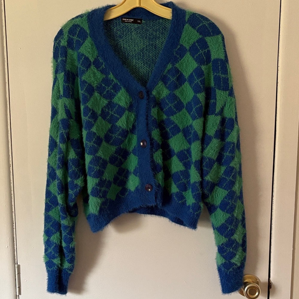 SHEIN Blue and Green Checkered Cardigan